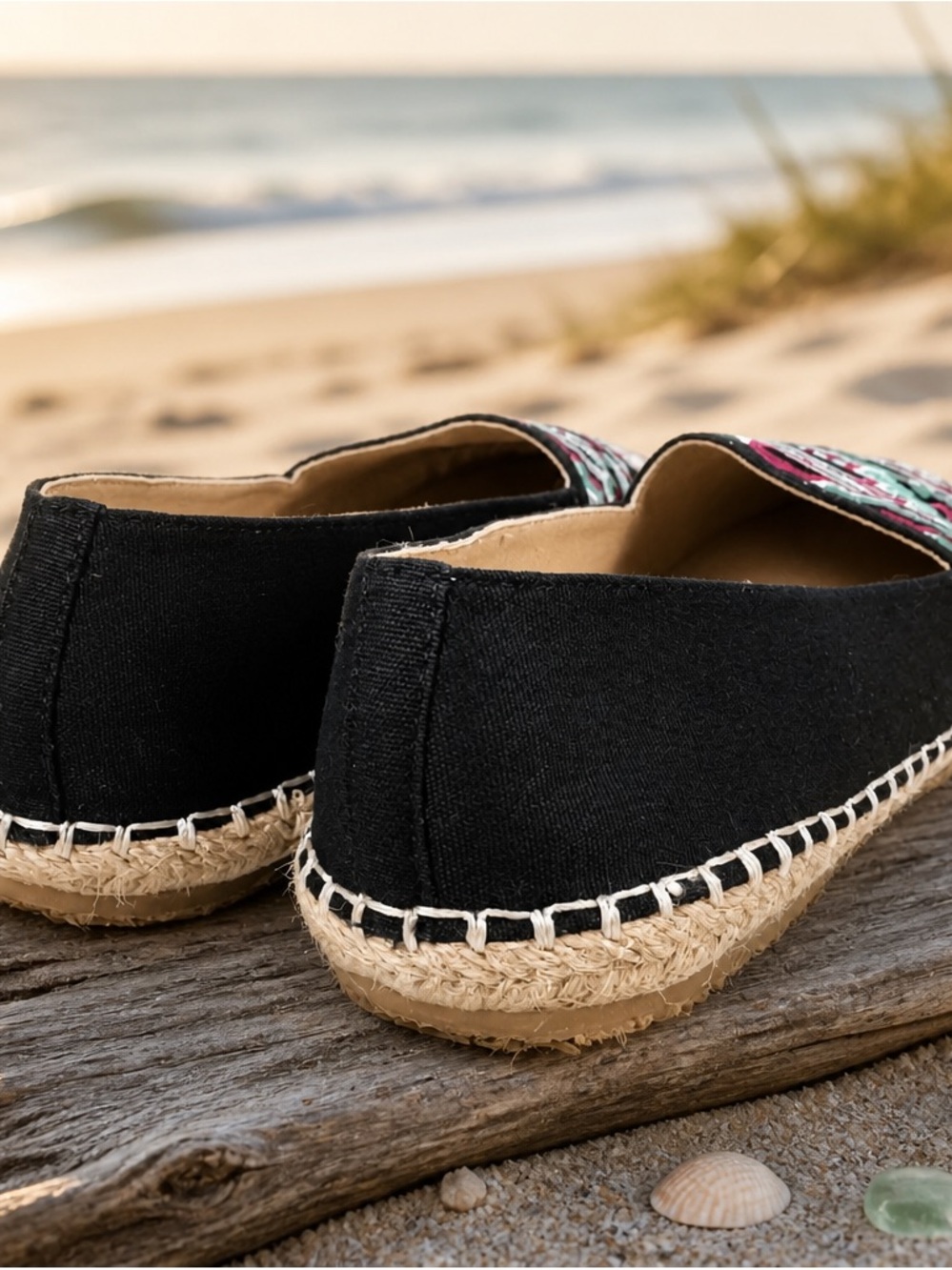 Rock & Candy Black Espadrille Slip-Ons with Pink & Teal Embroidered Pattern - Picture 6 of 9